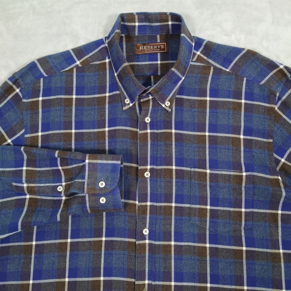 Patrick James Reserve Flannel Shirt Mens XL Blue Plaid Brushed Cotton Portugal